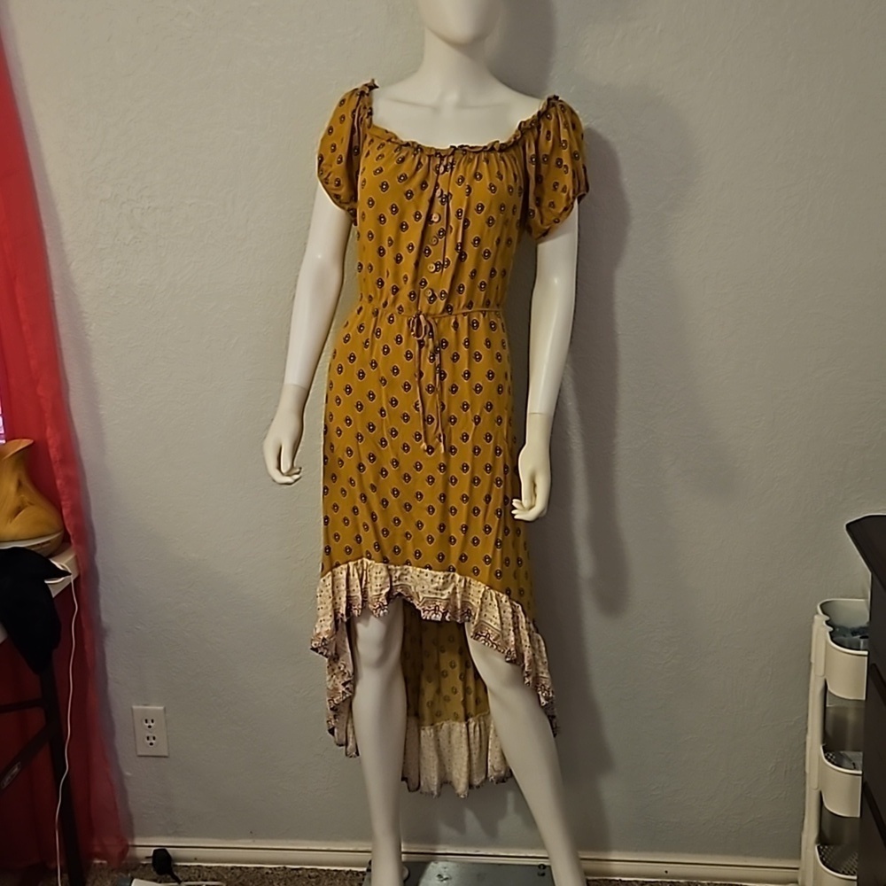 VTG Y2k Mustard Floral Ruffle Off Shoulder High-Low Prairie Boho Dress - Picture 3 of 8